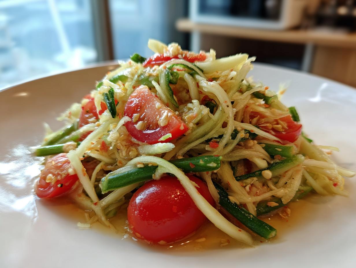A close-up of a vibrant mound of fresh papaya salad, featuring shredded green papaya, cherry tomatoes, and green beans.