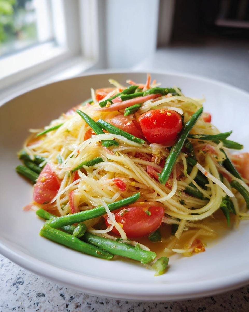 A close-up of vibrant papaya salad featuring shredded green papaya, cherry tomatoes, and green beans.