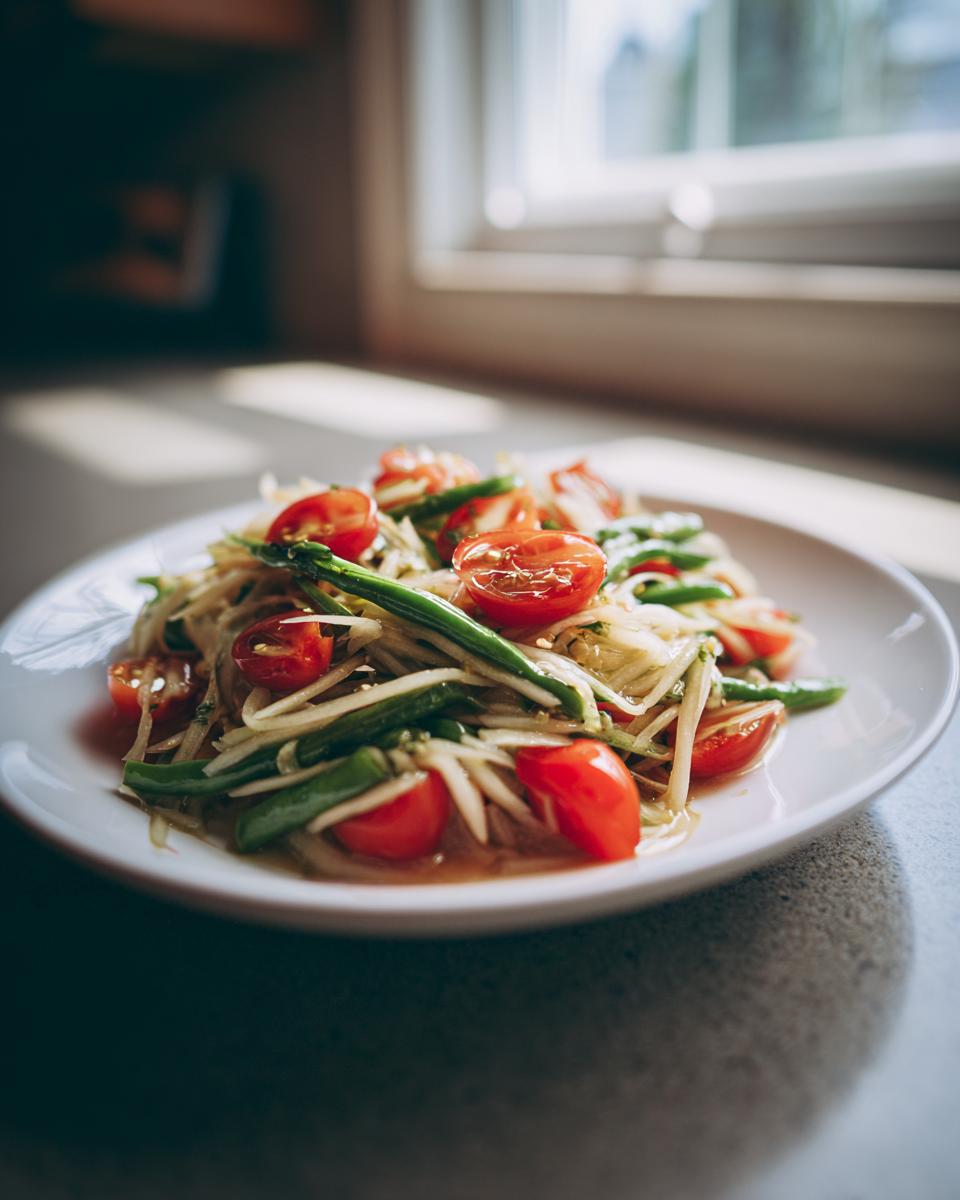 A close-up of vibrant papaya salad featuring shredded green papaya, cherry tomatoes, and long green beans.