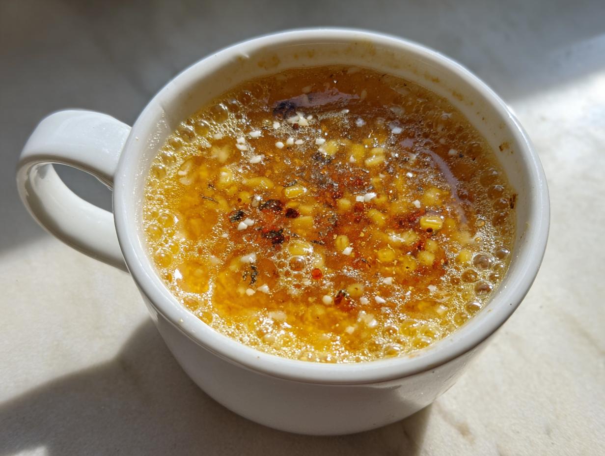 Close-up of hot pastina soup with small pasta grains floating in a rich yellow broth, seasoned with spices, served in a white mug.