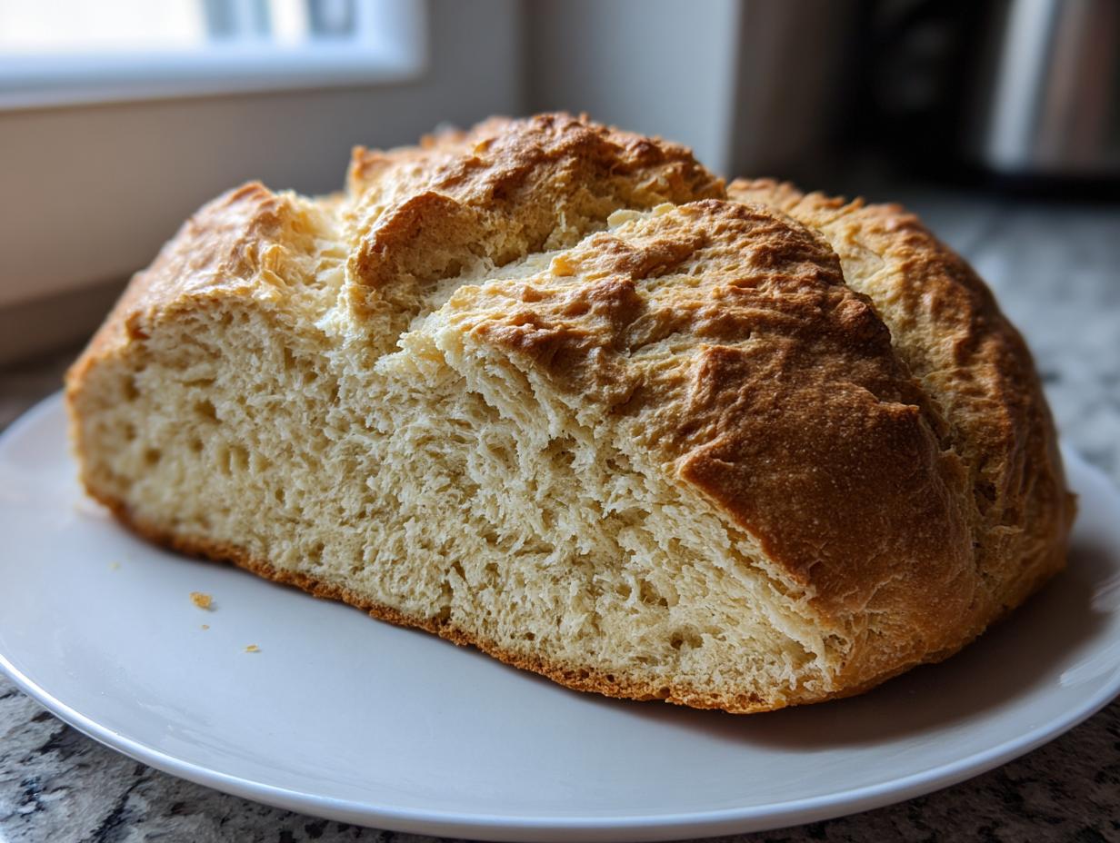 A freshly baked loaf of soda bread, cut in half to show the soft, airy interior texture.
