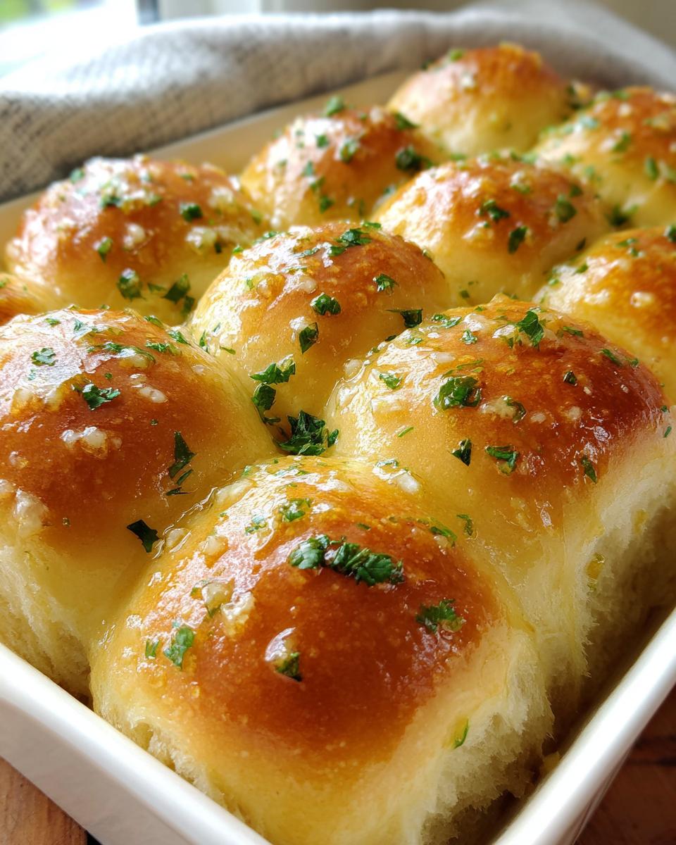 Close-up of freshly baked, golden soft buttery rolls brushed with melted garlic butter and sprinkled with parsley.