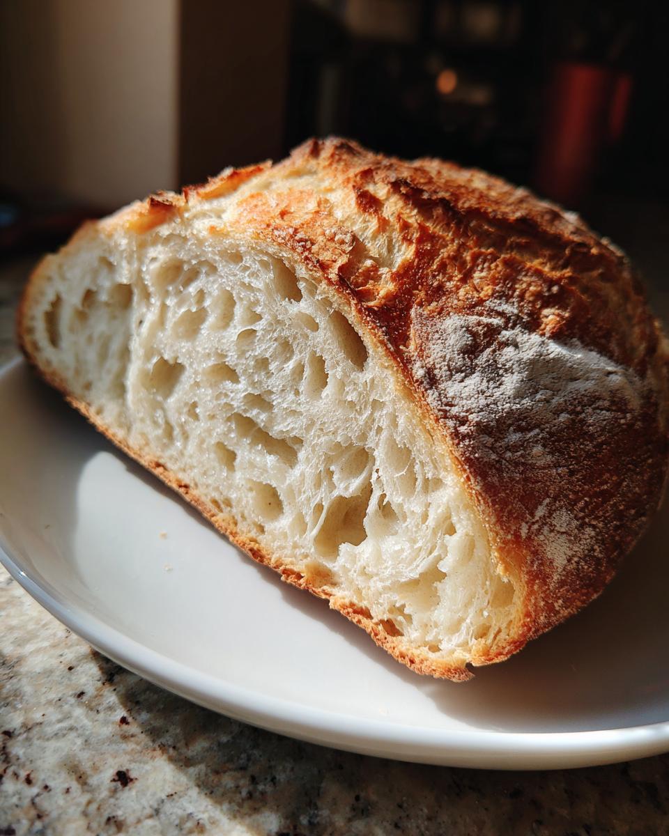 Close-up of a freshly baked sourdough bread loaf cut in half, showing an open, airy crumb structure.