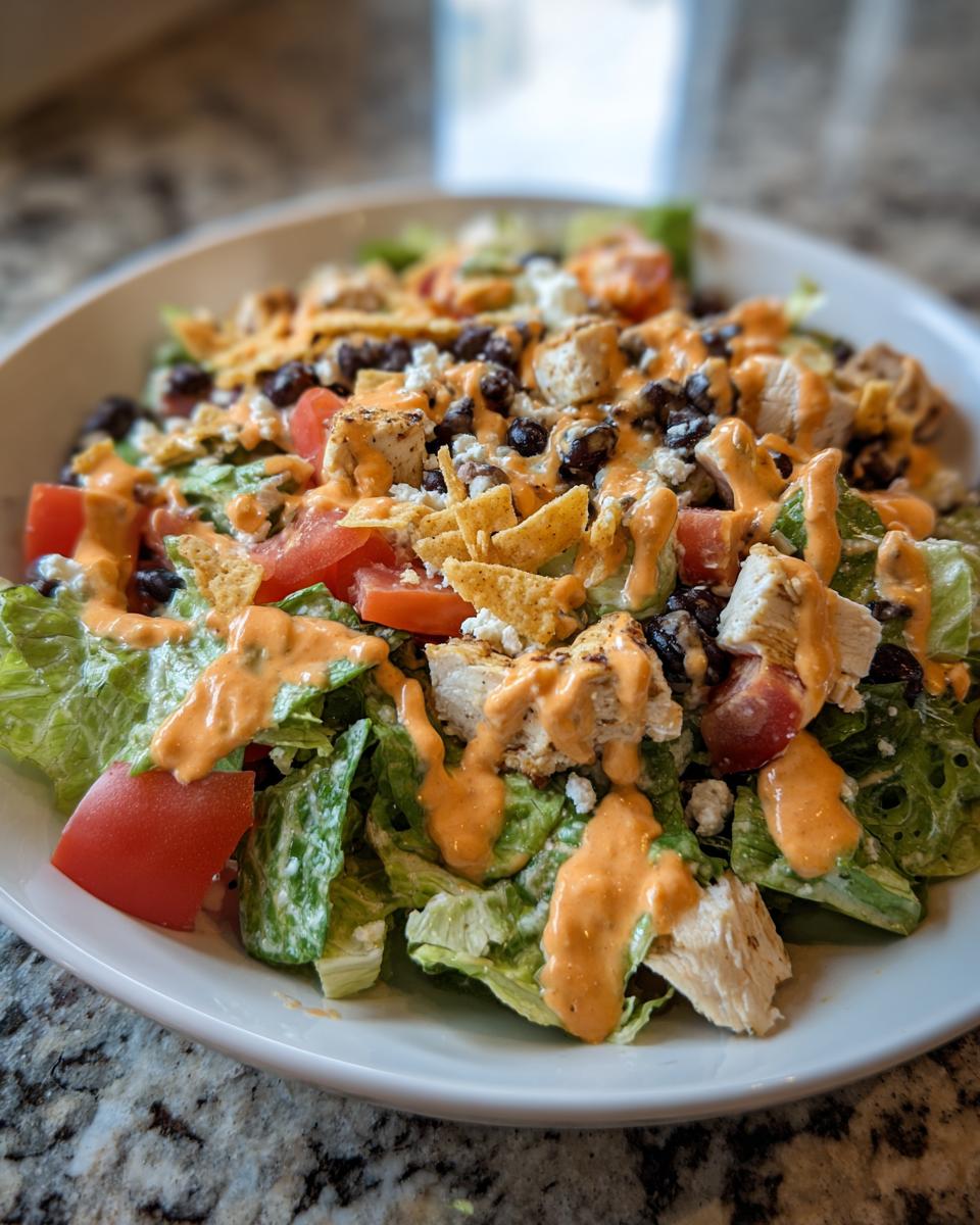 A vibrant bowl of amazing southwest salad featuring grilled chicken, black beans, tomatoes, and creamy orange dressing.