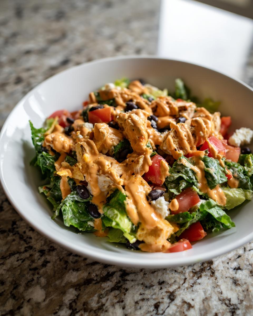 A close-up of a bowl filled with a vibrant southwest salad featuring chicken, black beans, tomatoes, and creamy dressing.