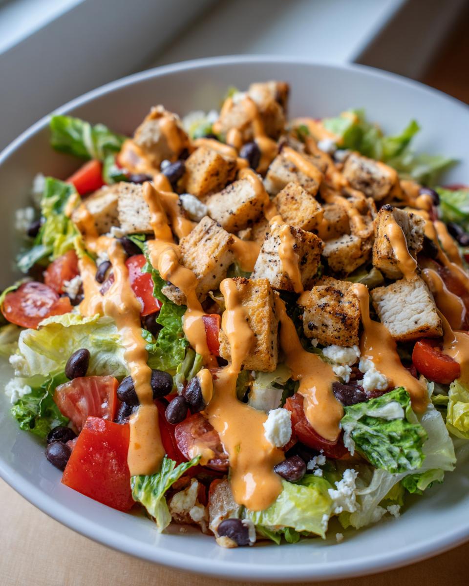 A close-up of an amazing southwest salad featuring grilled chicken cubes, black beans, tomatoes, and creamy orange dressing.