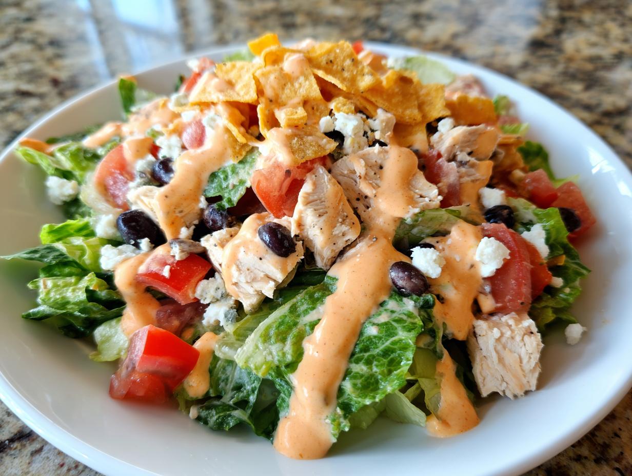 A close-up of a vibrant southwest salad featuring chopped chicken, black beans, tomatoes, cheese, and creamy dressing, topped with tortilla chips.
