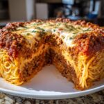 A large, round slice removed from a baked spaghetti pie showing layers of pasta, meat sauce, and cheese.