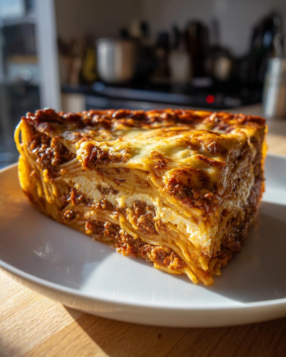 A thick, square slice of amazing spaghetti pie layered with meat sauce and cheese on a white plate.