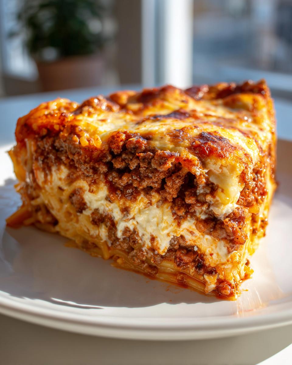 A thick, golden-brown slice of amazing spaghetti pie featuring layers of pasta, rich meat sauce, and melted cheese.