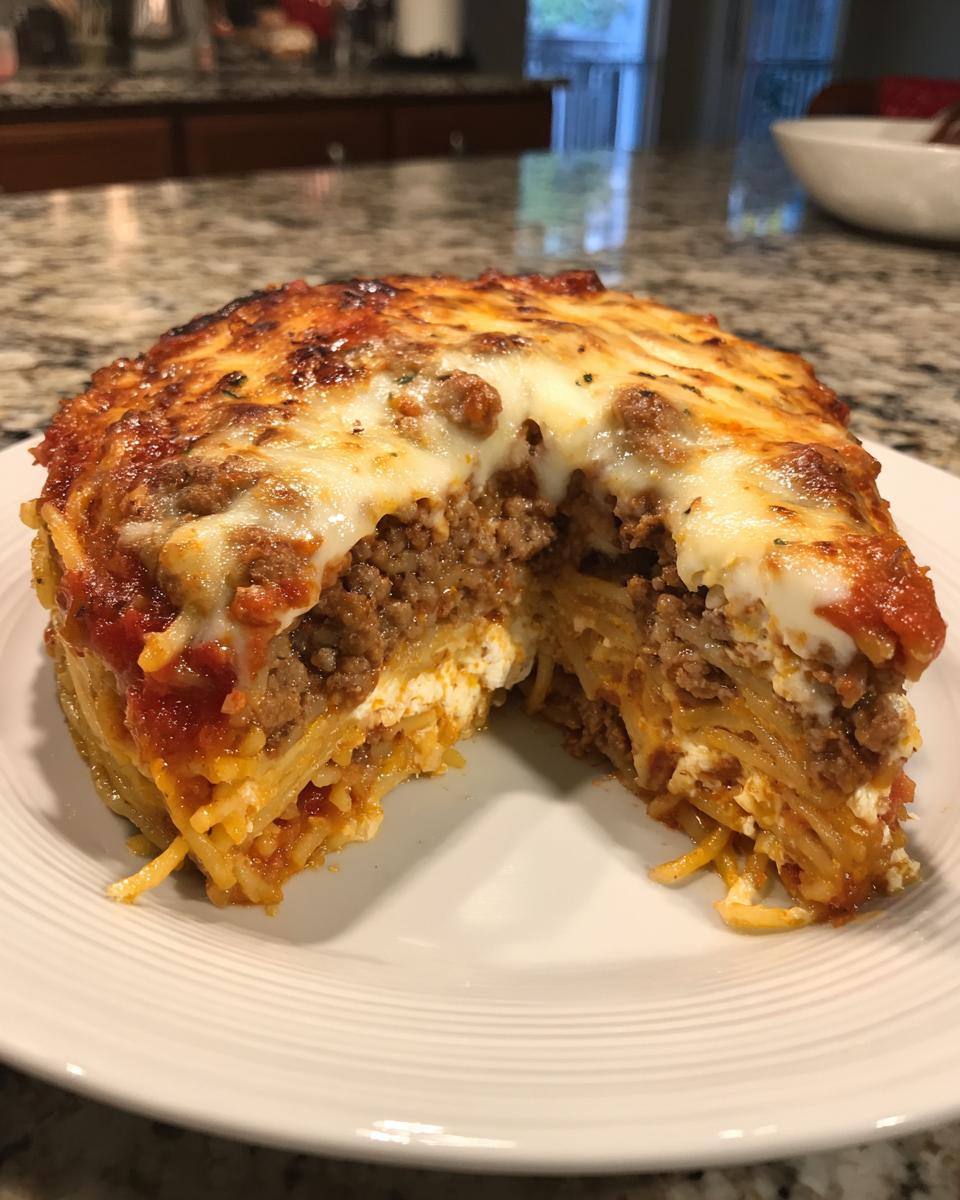 A cross-section view of a thick slice of spaghetti pie showing layers of pasta, meat sauce, and melted cheese topping.