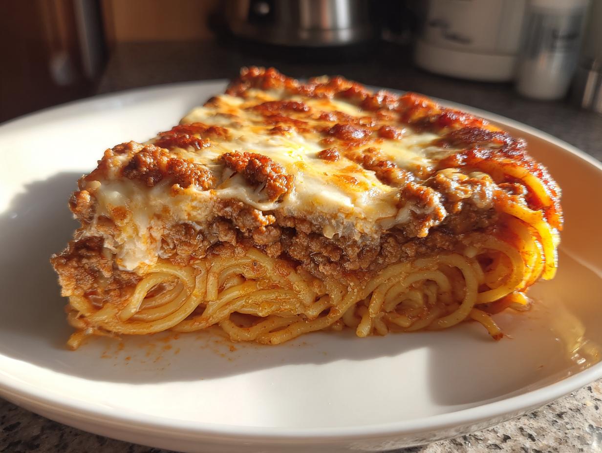A thick slice of baked spaghetti pie featuring layers of pasta, rich meat sauce, and melted cheese topping.