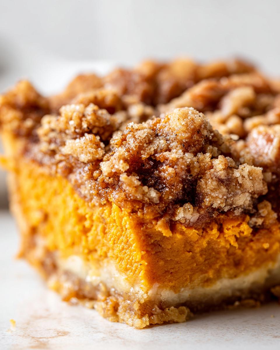 A close-up, macro shot of a square slice of bright orange sweet potato casserole topped with a thick, sugary brown sugar pecan crumble.