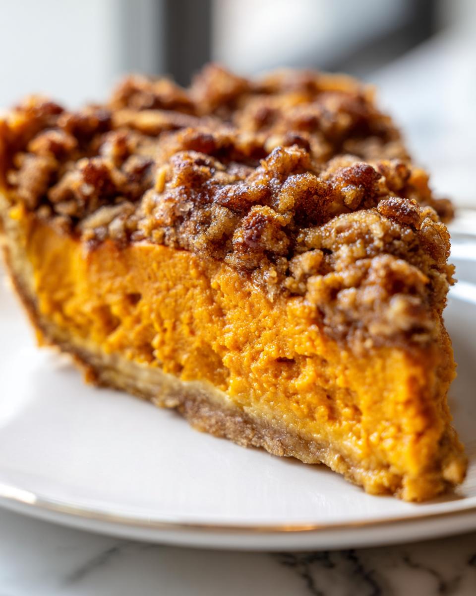 Close-up of a rich slice of sweet potato casserole featuring a bright orange filling and a crunchy brown sugar pecan topping.