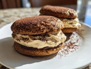Two delicious tiramisu cookies sandwiched with a creamy filling and dusted heavily with cocoa powder.