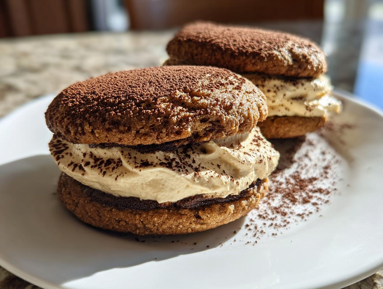 Two delicious tiramisu cookies sandwiched with a creamy filling and dusted heavily with cocoa powder.