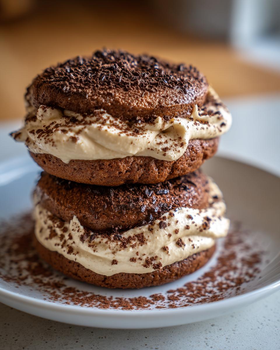 Two stacked chocolate tiramisu cookies filled with light cream and topped with chocolate shavings.