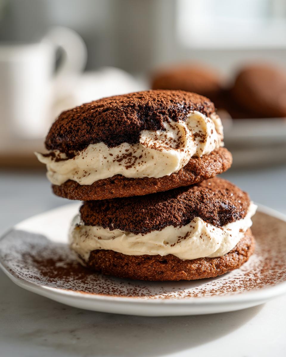 Two stacked tiramisu cookies filled with creamy mascarpone filling and dusted heavily with cocoa powder.
