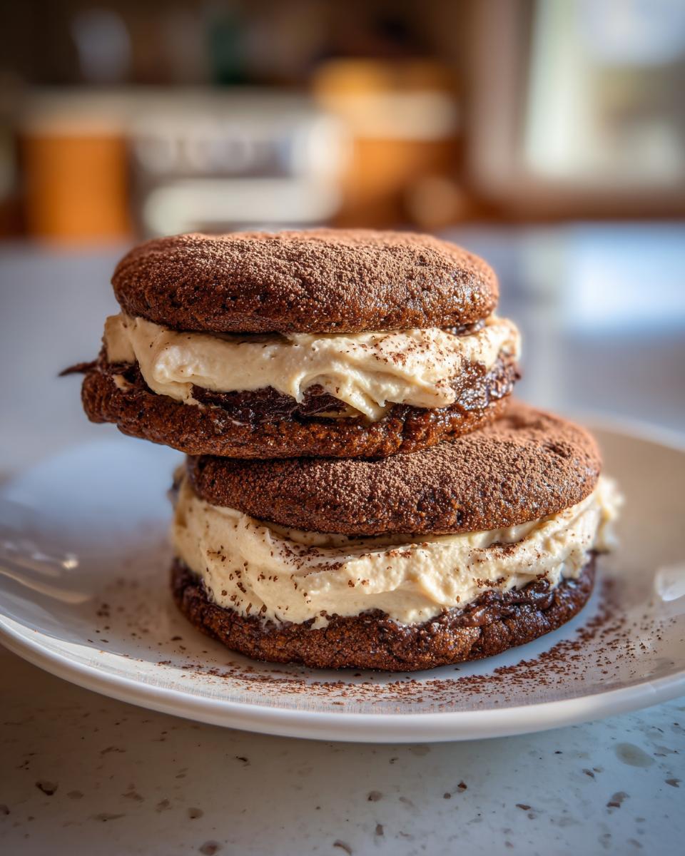 Two decadent tiramisu cookies stacked on a white plate, filled with thick cream and dusted with cocoa powder.