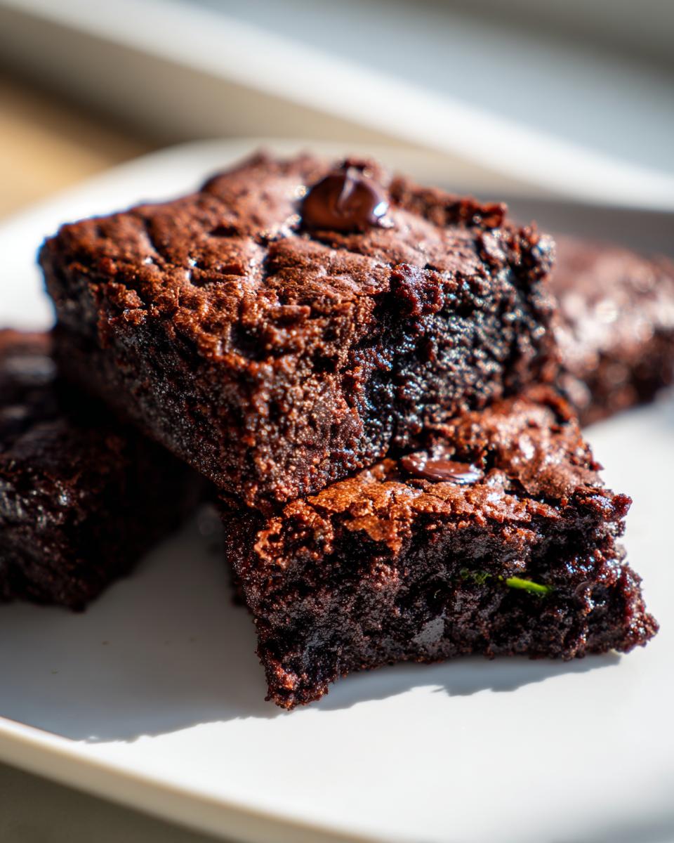 Close-up of moist, dark chocolate zucchini brownies stacked on a white plate, showing a hint of green zucchini.