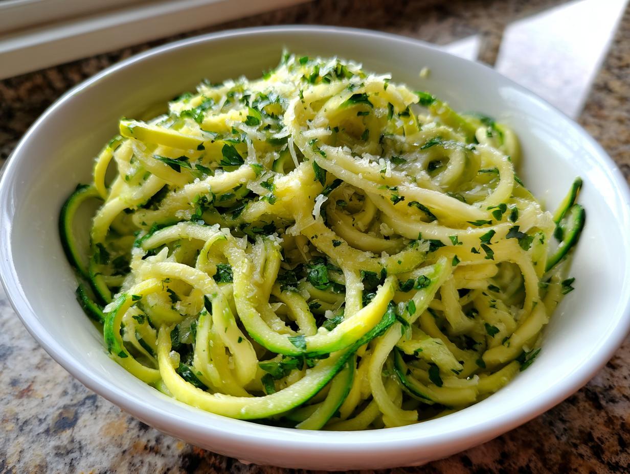 A close-up of a white bowl filled with fresh zucchini noodles tossed with herbs and grated cheese.
