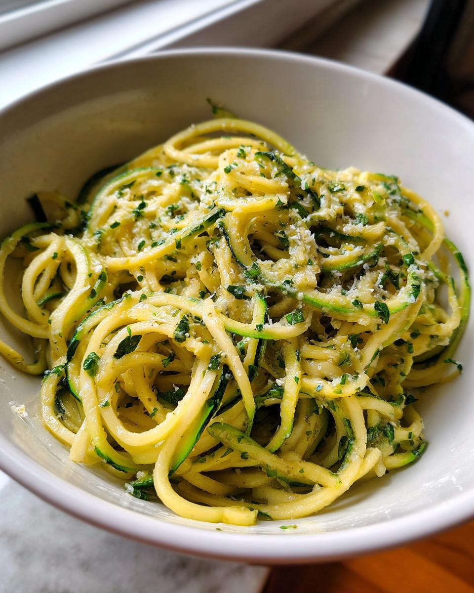 Close-up of a white bowl filled with bright zucchini noodles tossed in a light sauce, topped with parsley and grated cheese.