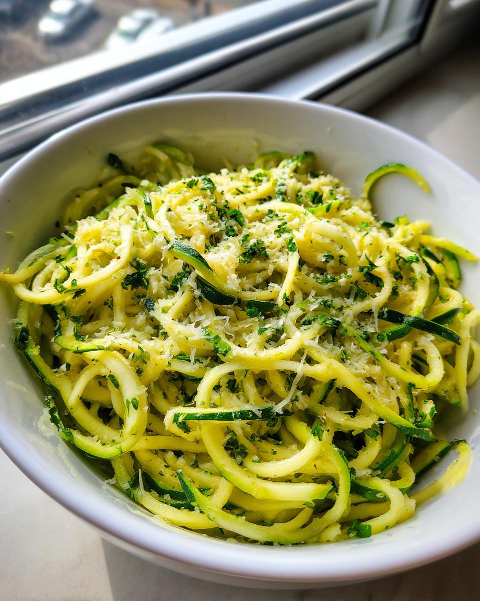 A white bowl filled with bright green and yellow zucchini noodles topped with grated cheese and parsley.