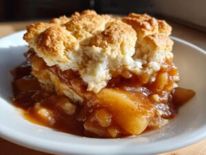 A close-up shot of a serving of warm apple cobbler with a thick, golden biscuit topping and rich, saucy apple filling.
