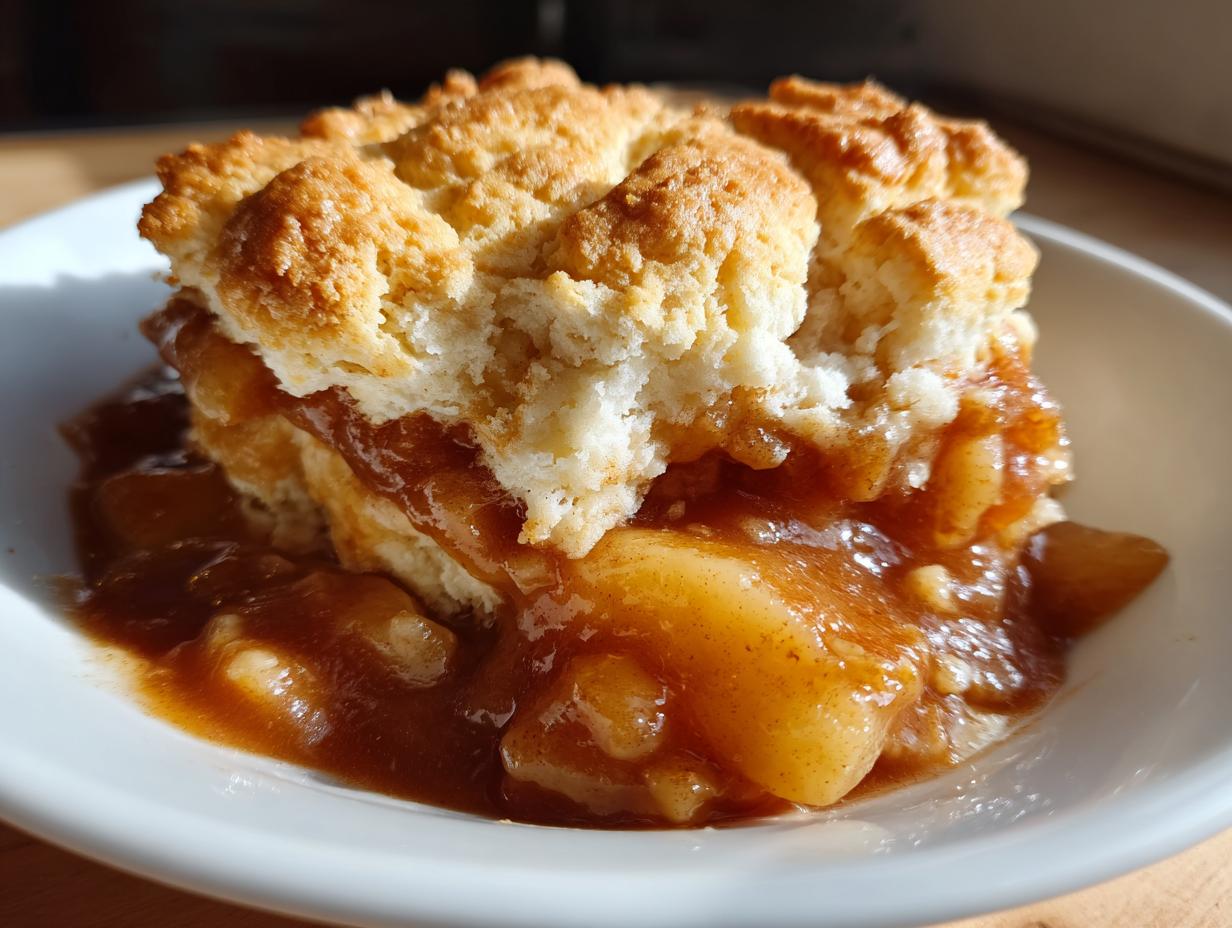 A close-up shot of a serving of warm apple cobbler with a thick, golden biscuit topping and rich, saucy apple filling.