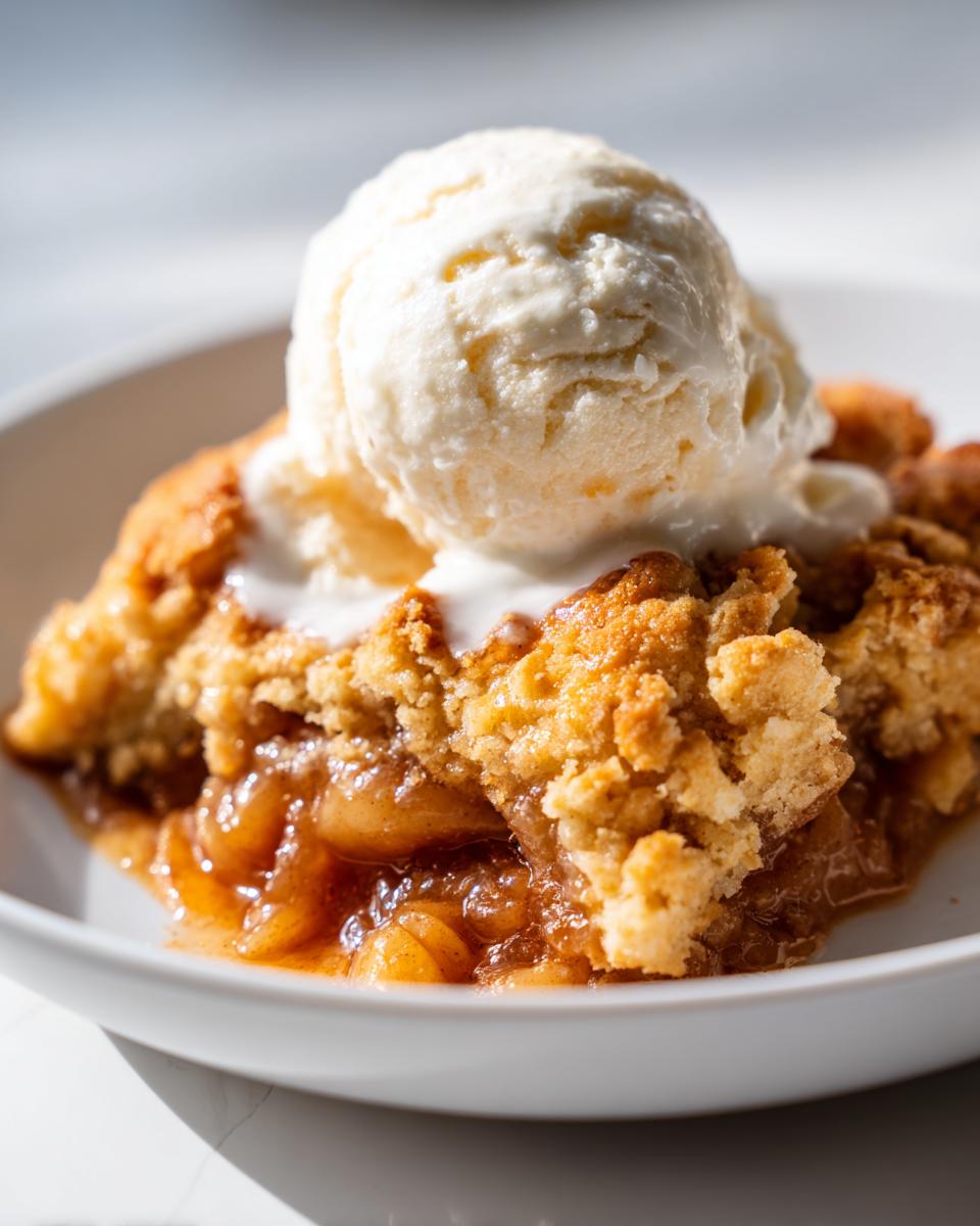 Close-up of a serving of warm apple cobbler with a golden, crumbly topping and a scoop of melting vanilla ice cream.