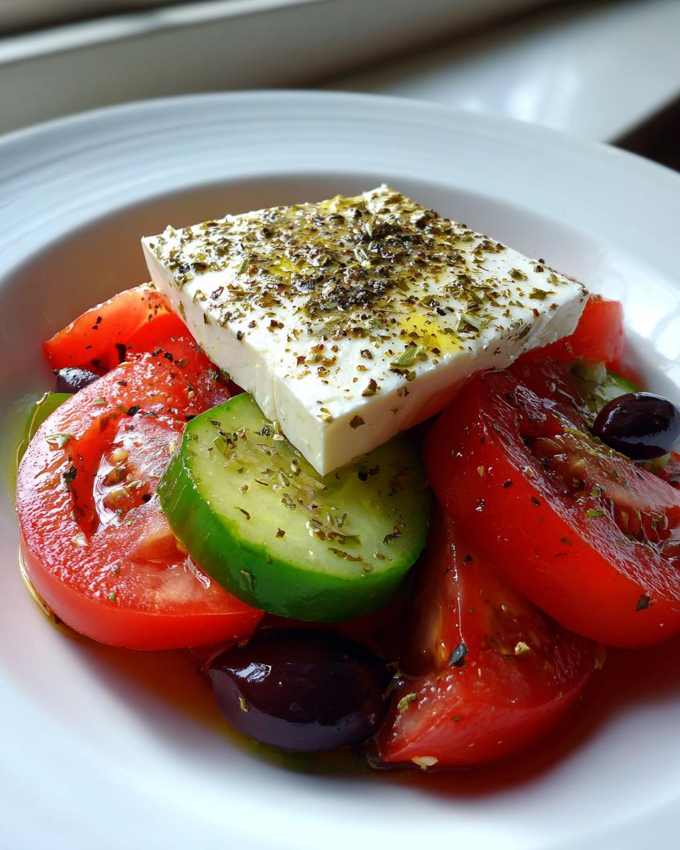 Close-up of a traditional Greek salad featuring a large block of feta cheese seasoned with herbs, tomatoes, cucumber, and Kalamata olives.
