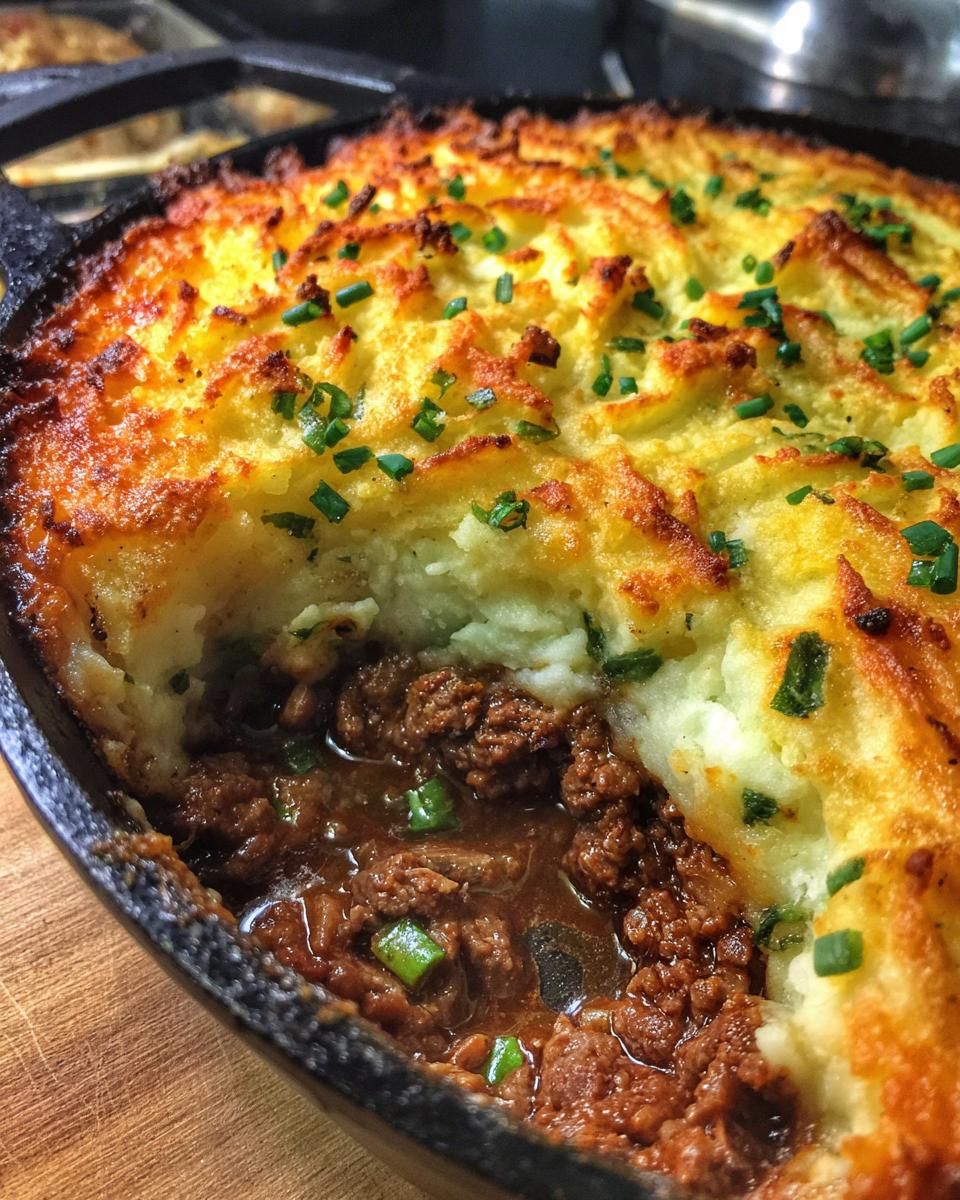A close-up view of a freshly baked cottage pie in a cast-iron skillet, showing the browned mashed potato topping and rich meat filling.