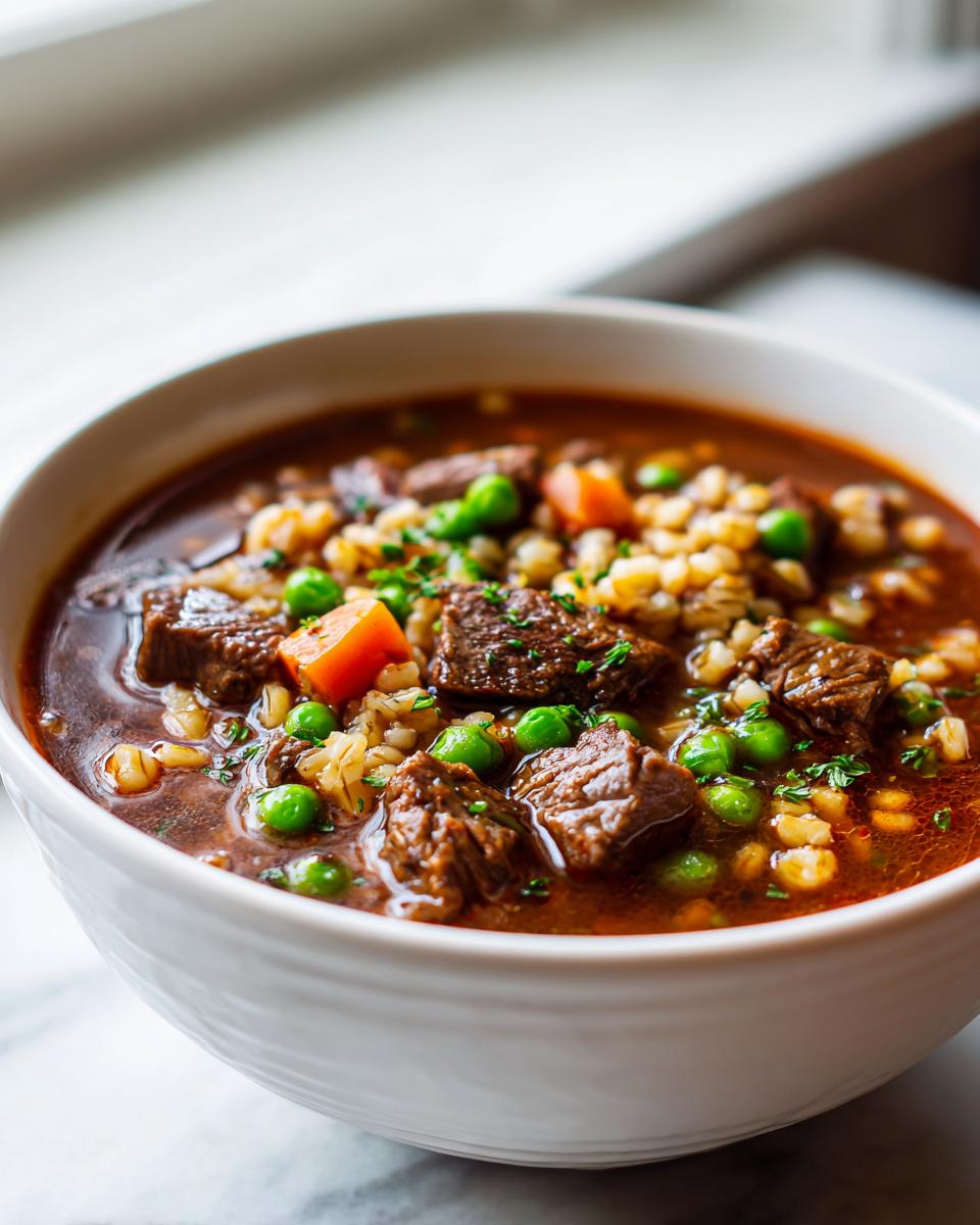 Close-up of a white bowl filled with rich beef barley soup, featuring chunks of beef, barley, peas, and carrots.
