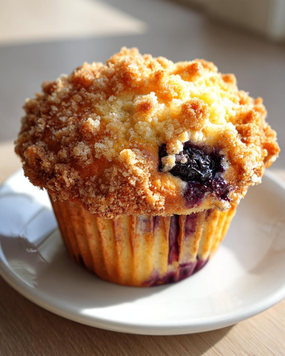 A close-up of a golden-brown blueberry muffin topped with a sugary streusel, sitting on a small white plate.