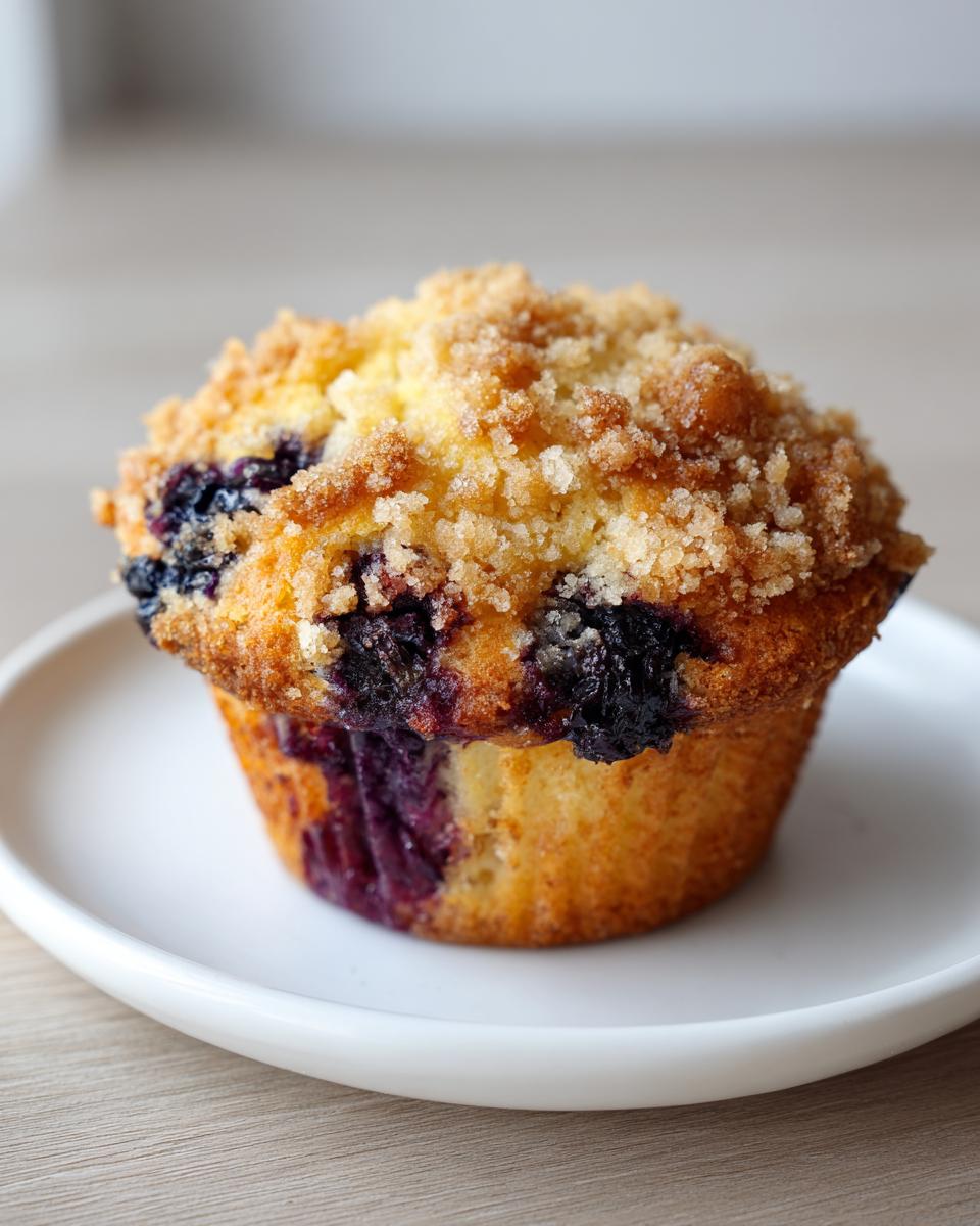 Close-up of a golden brown blueberry muffin topped with a generous layer of streusel crumb topping.