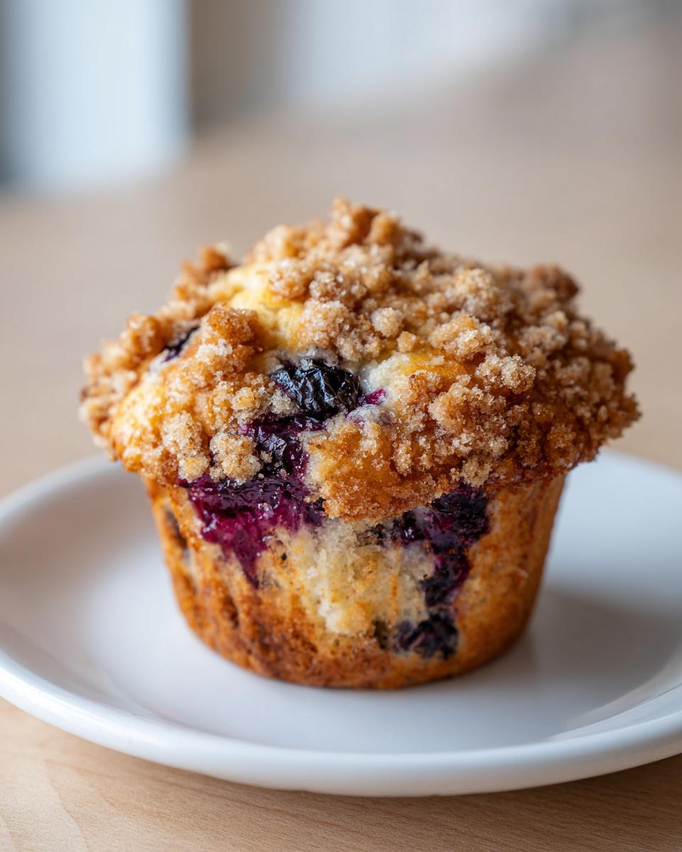 A close-up of a freshly baked blueberry muffin topped with a generous brown sugar crumb topping.