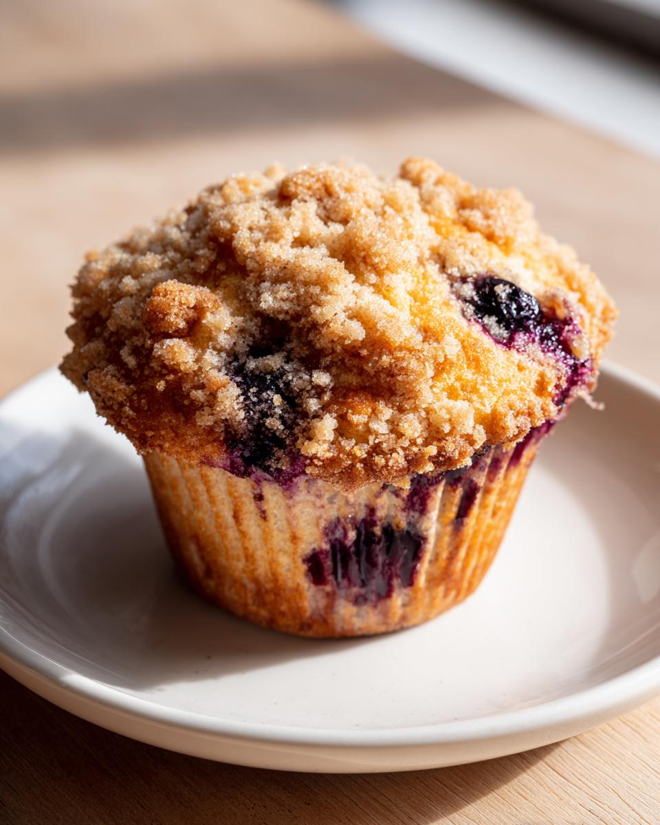 A close-up of a golden blueberry muffin topped with a thick, sugary streusel crumb topping, sitting on a white plate.