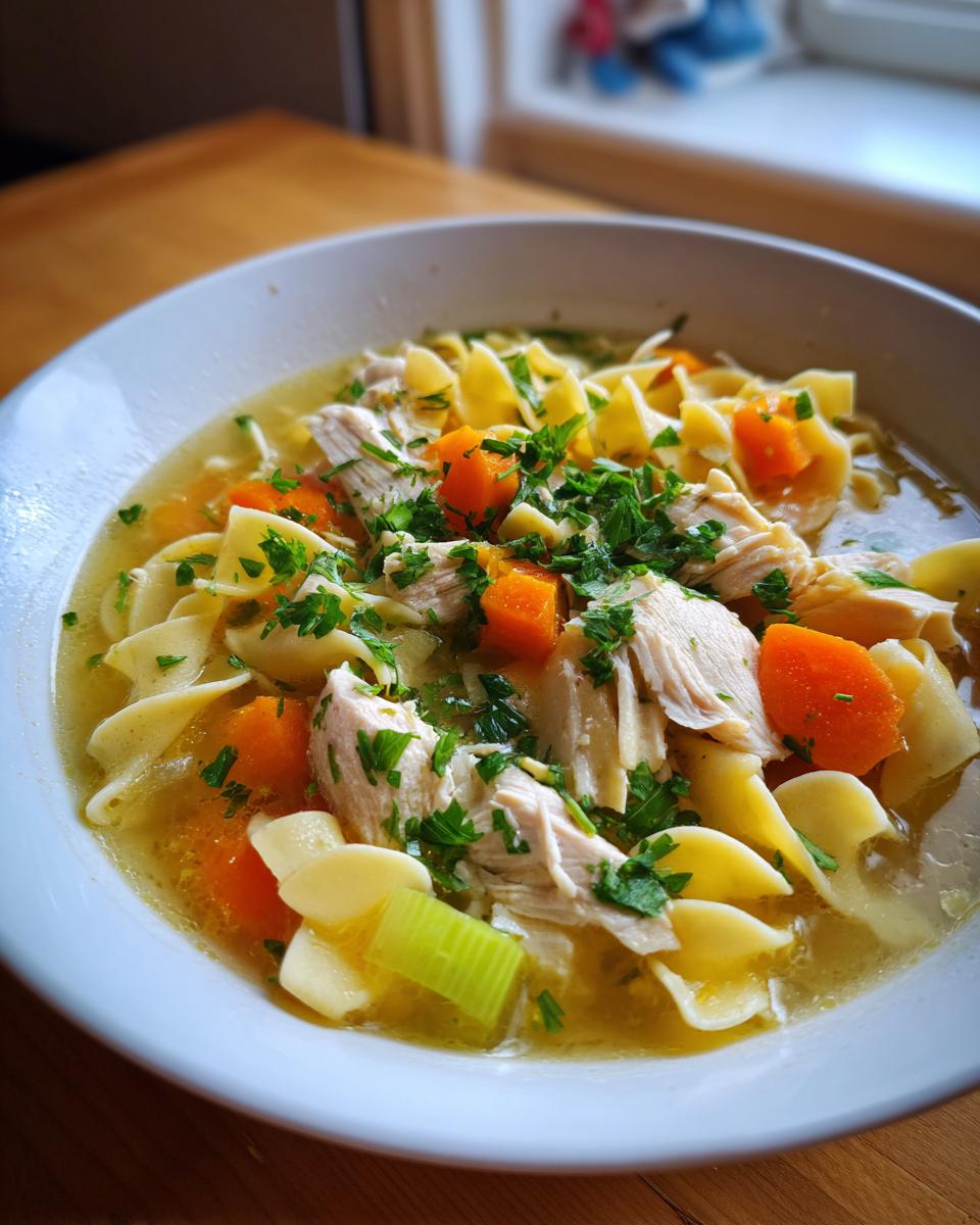 Close-up of a bowl of homemade chicken noodle soup featuring shredded chicken, carrots, egg noodles, and parsley garnish.