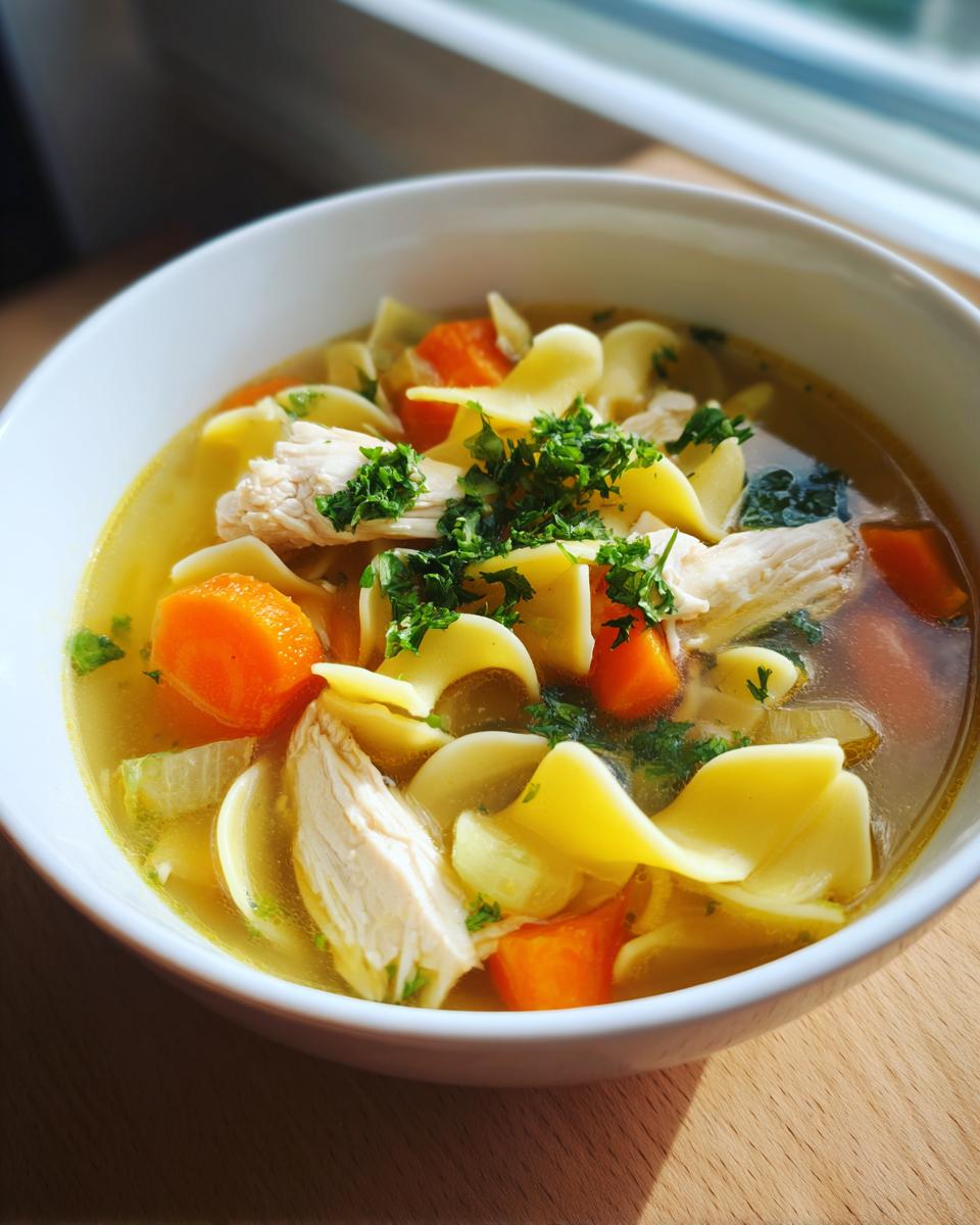 Close-up of a white bowl filled with rich broth, egg noodles, shredded chicken, and bright orange carrots in the best chicken noodle soup.