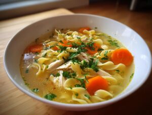 Close-up of a white bowl filled with homemade chicken noodle soup, featuring egg noodles, shredded chicken, bright carrots, and fresh parsley.