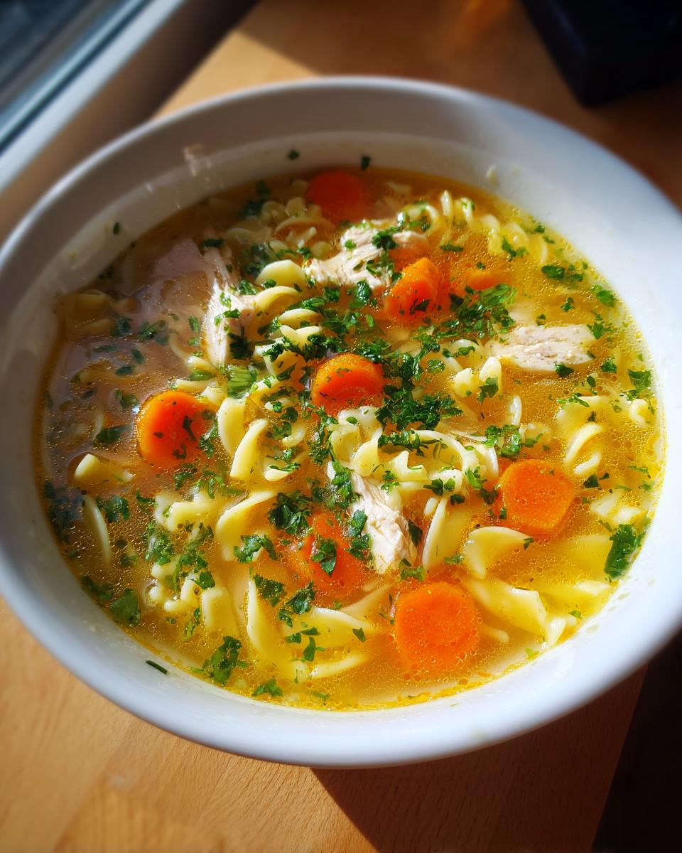 A close-up overhead view of a bowl of steaming chicken noodle soup, featuring egg noodles, sliced carrots, and fresh parsley.