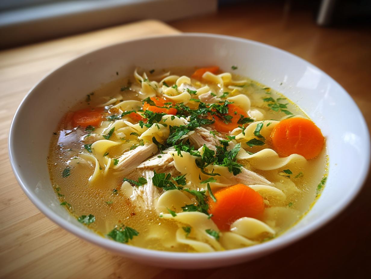 Close-up of a white bowl filled with homemade chicken noodle soup, featuring egg noodles, shredded chicken, bright carrots, and fresh parsley.