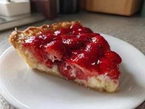 A close-up of a perfect slice of strawberry pie showing the creamy filling and glossy strawberry glaze.