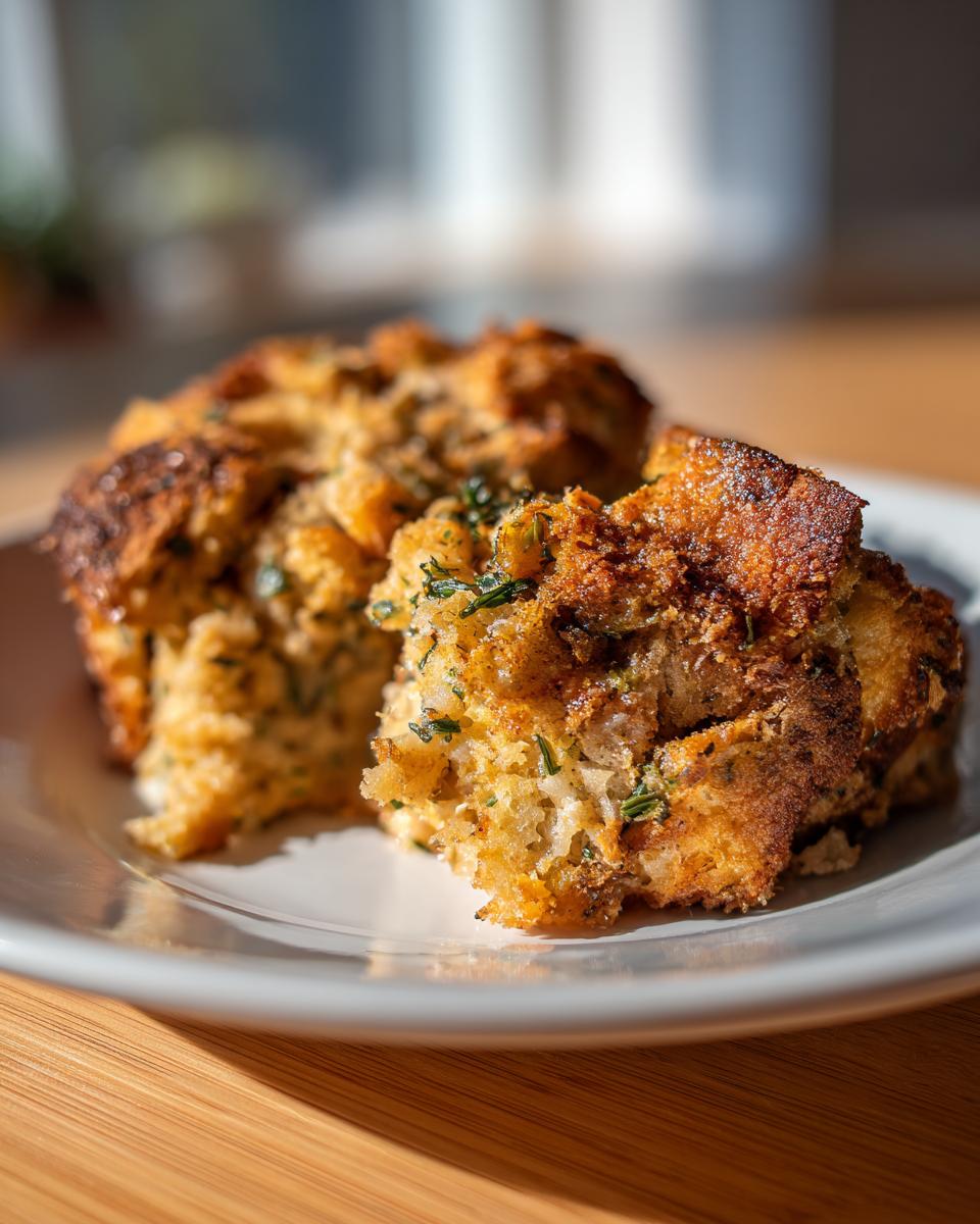 Close-up of two golden-brown, moist stuffing recipe portions garnished with herbs on a white plate.