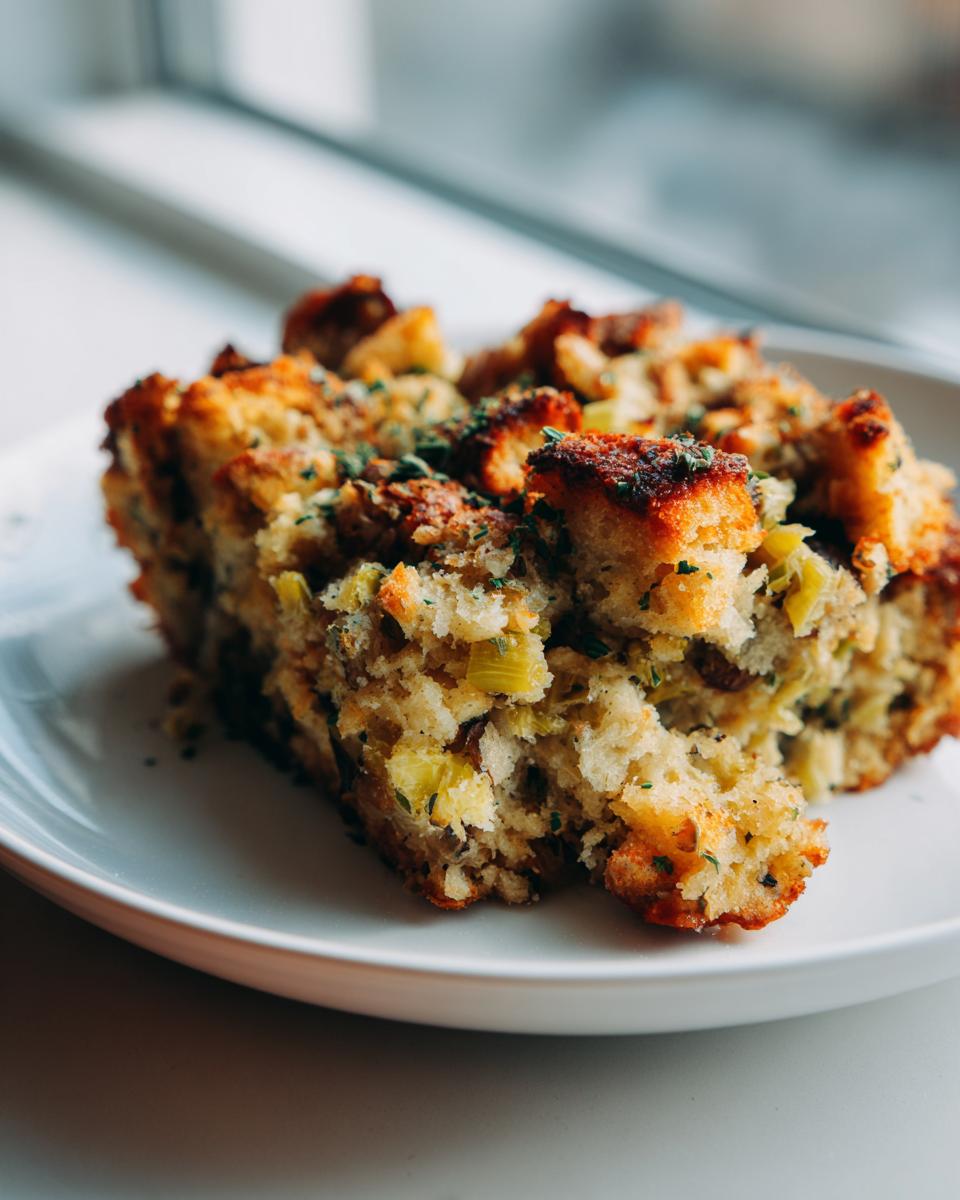 Close-up of a moist slice of homemade stuffing recipe with visible celery and herbs on a white plate.