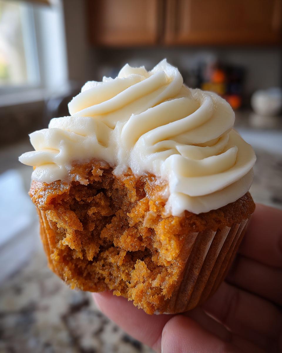 Close-up of a fluffy pumpkin spice cupcakes with cream cheese frosting, showing the moist interior after a bite was taken.