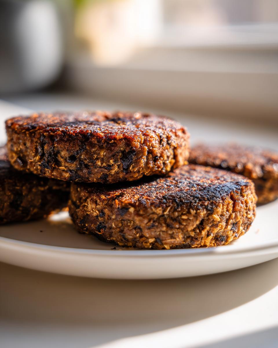 Close-up of several perfectly seared, dark brown black bean burger patties stacked on a white plate.