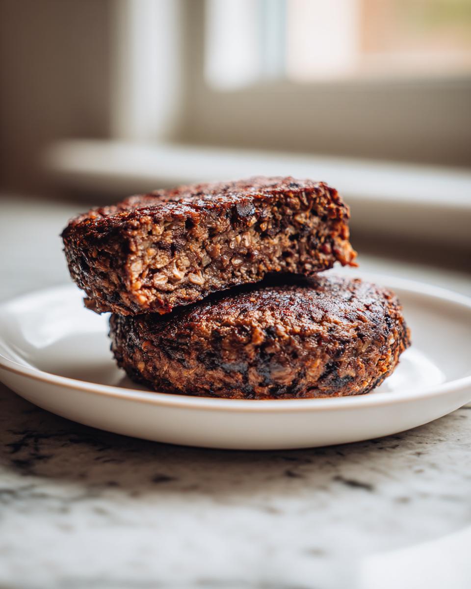 Two perfectly seared black bean burger patties stacked on a small white plate, showing the textured interior.