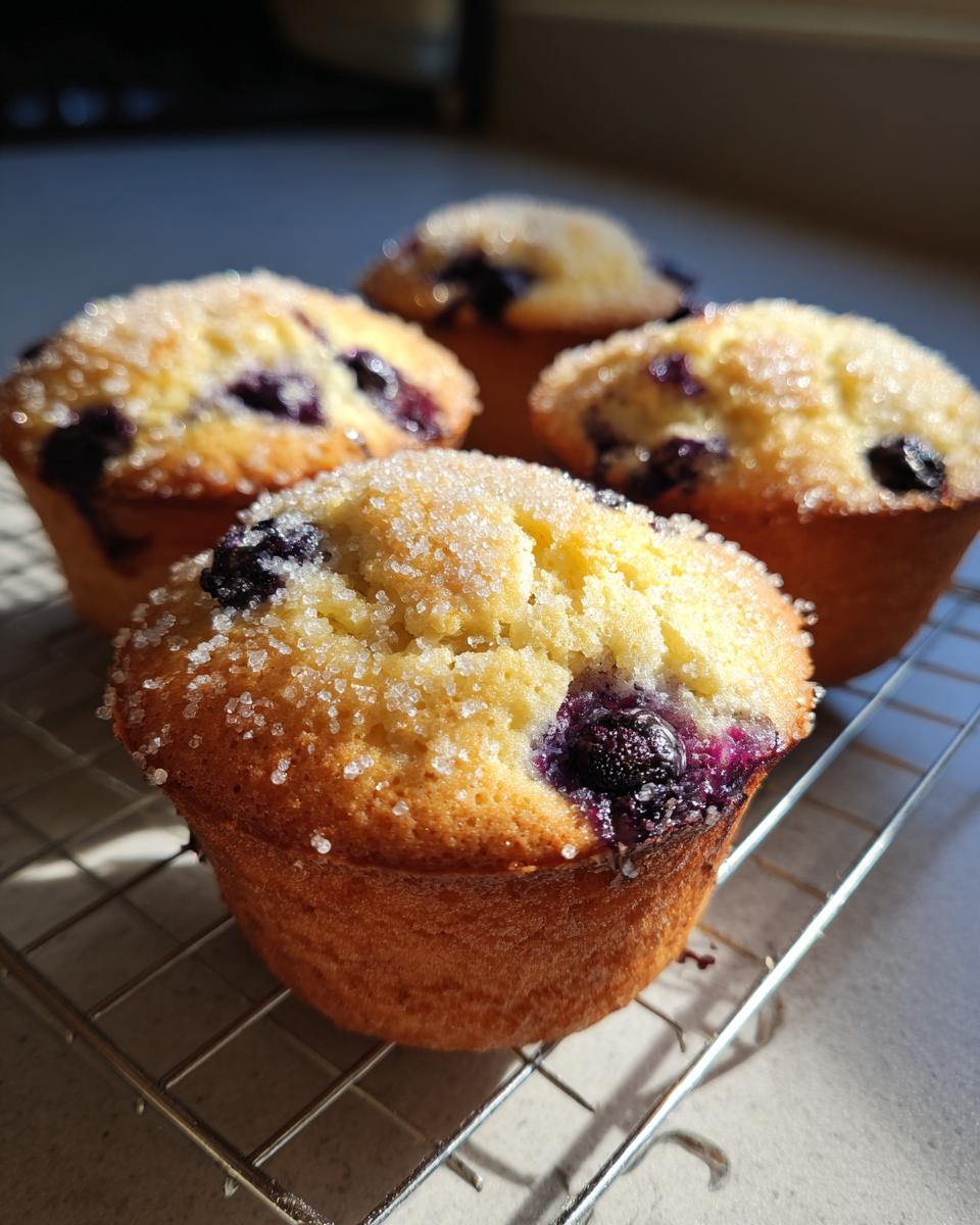 Four golden blueberry cottage cheese muffins topped with coarse sugar cooling on a wire rack in sunlight.
