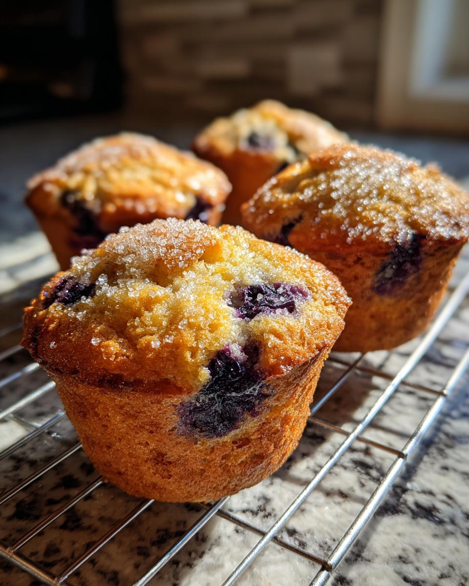 Four golden blueberry cottage cheese muffins cooling on a wire rack, topped with coarse sugar.